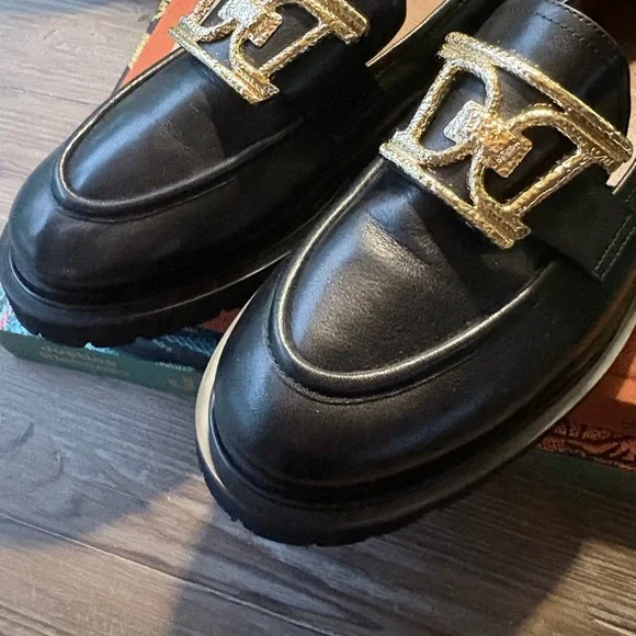 🧶Dissona NWOB Black Leather Lug Sole Loafers Gold Buckle Size EU 40 + Free Gift